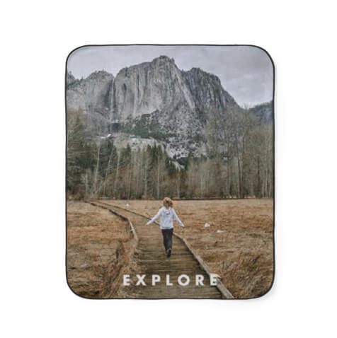 Personalized Picnic Blanket with Explore and image of Mountain, girl and train tracks