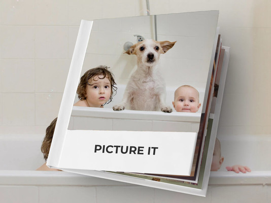 Two young children and a dog in the bath posing for the cover of an Instant Book with the title Picture It