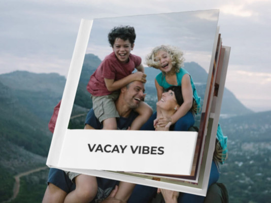 A family posing for a photo on the cover of an Instant Book with the title Vacay Vibes
