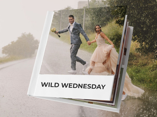 A bride and groom on their wedding day on the cover of an Instant Book that has the title Wild Wednesday