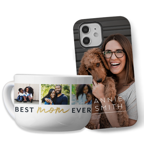 Custom phone cases and coffee mugs make thoughtful gift ideas.