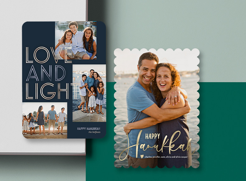 Happy Hanukkah cards, or Chanukah cards if you prefer, feature customizable metallics, colors, and greetings to send your friends this holiday season.