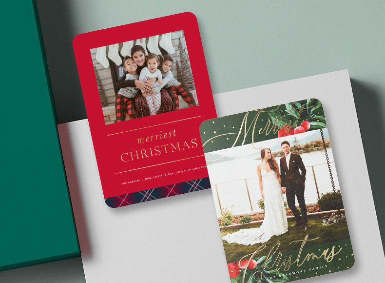 Custom Christmas cards feature holiday designs you can personalize with holiday greetings and photos of your choice.