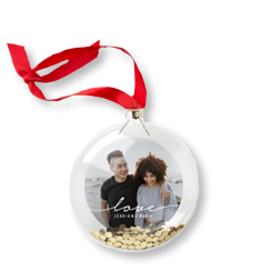 Modern Love Script personalized glitter ornament with a picture of a couple and gold glitter