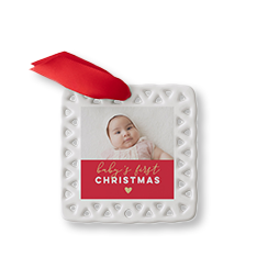 Baby's First Christmas heart ceramic ornament with a picture of a baby