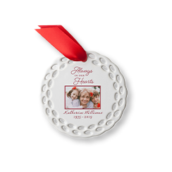 Always In Our Hearts personalized ceramic memorial ornament with a photo of a grandmother with her grandchildren