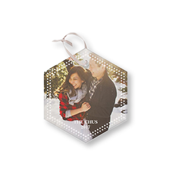 Double Dot Border personalized glass ornament with a photo of a couple in the snow