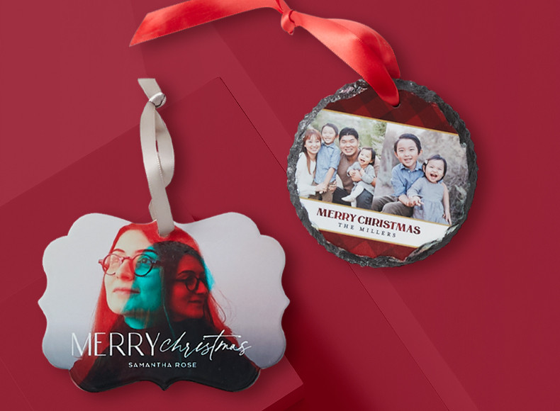 A circle ornament and bracket ornament that say Merry Christmas 