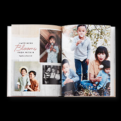 A personalized photo book filled with pictures of a family