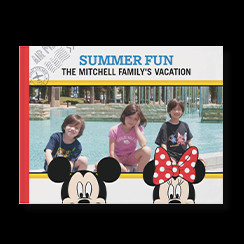 Disney Family Adventures photo book style with a picture of a family and Mickey Mouse and Minnie Mouse on the cover