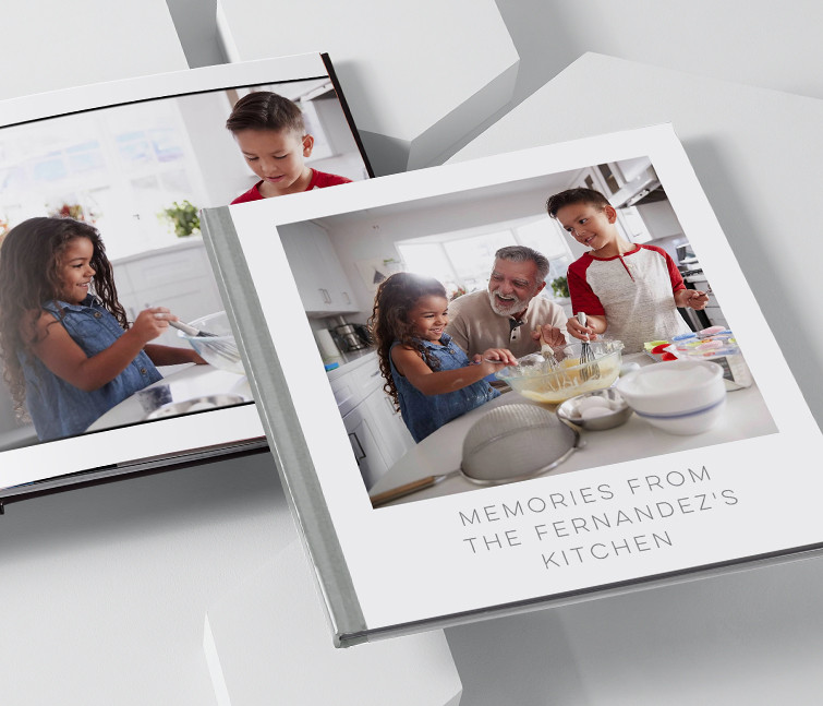 Custom family photo albums with pictures of a family baking together