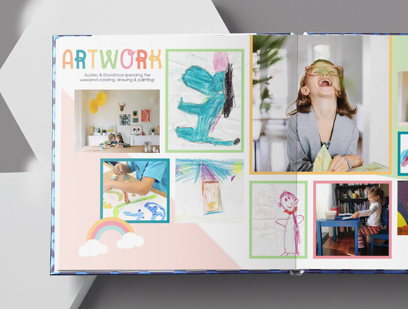 A photo book filled with pictures of children and kids artwork