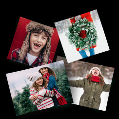 Four printed photos of a family celebrating the holidays in the snow