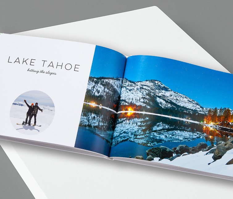 A travel photo album with pictures of a vacation at Lake Tahoe