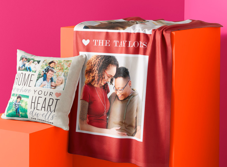 Home decor like custom fleece blankets and pillows make your home warm and cozy for Valentine's Day.