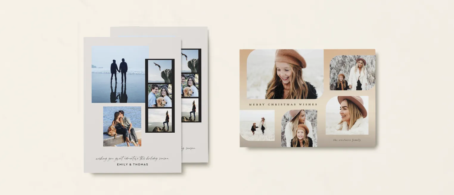 Holiday cards with photo collages featuring outdoor winter scenes and beach portraits.