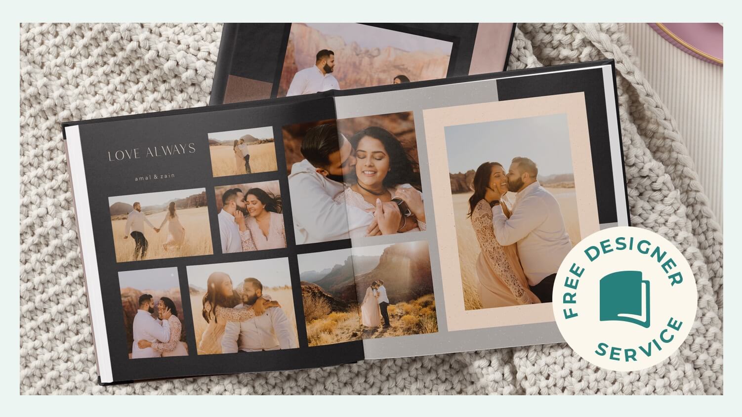 Engagement photos in a photo book made with free designer photo book service.
